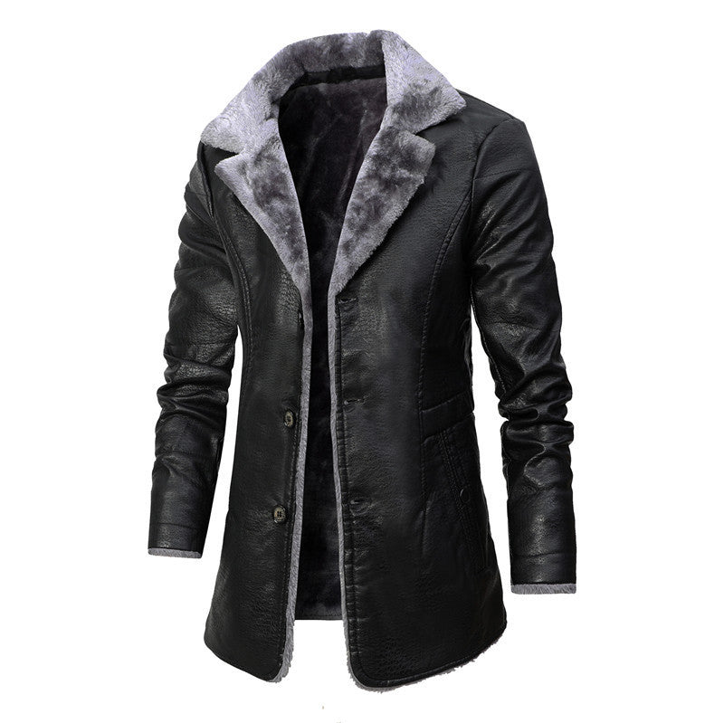 Plysch Lapel Läderjacka Vinter Varm Fleece Enkelknäppt Kappa För Herr Långa Kläder