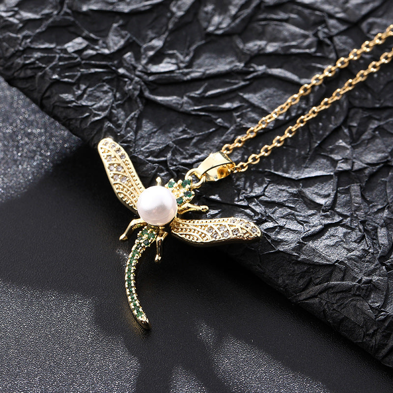 Pearl Zircon Dragonfly Necklace | Colorful Fashion Pendant