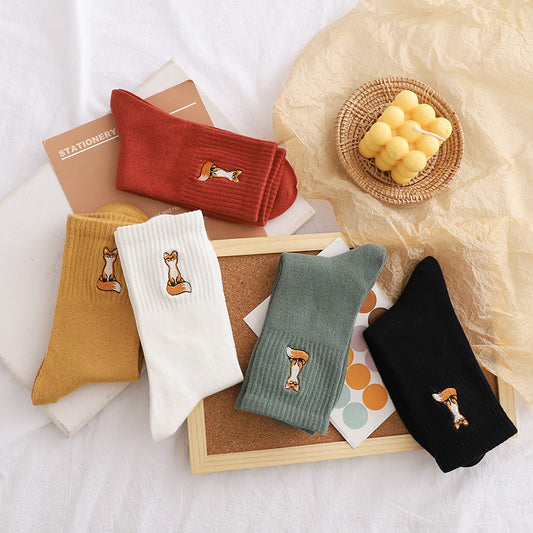 Solid Color Medium Tube Cotton Socks Women's Fox Embroidery High Top Corset Waist
