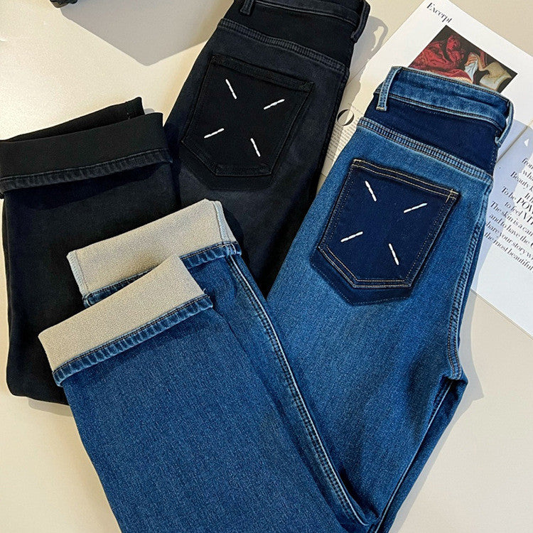 Vintage handgjorda broderade varmtvättade jeans