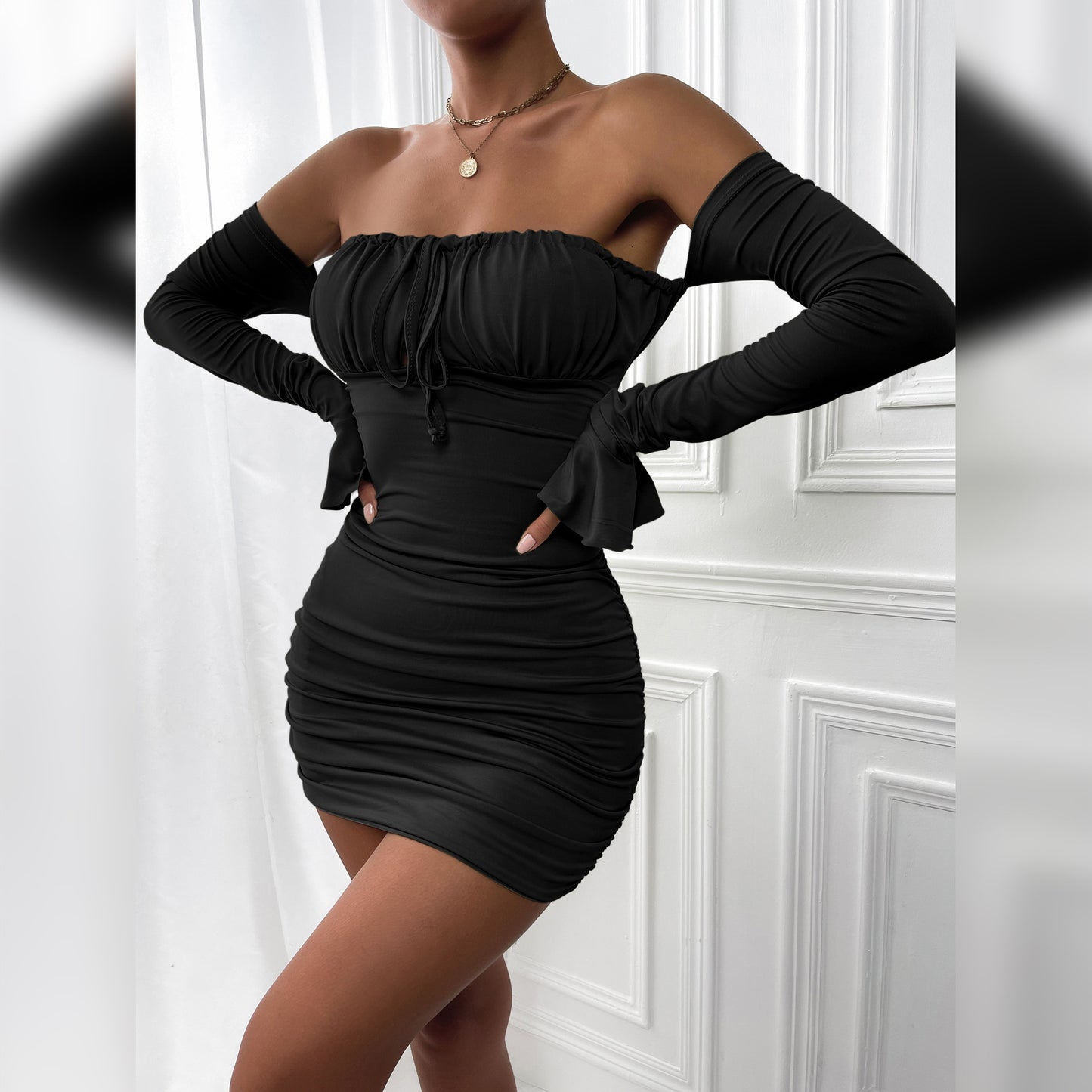 Fashion Slim Off-shoulder Long Sleeve Dress Sexy Tie Pleated Short Dresses Womens Clothing