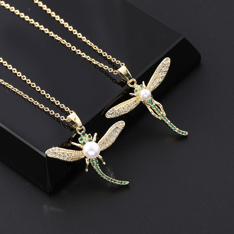 Pearl Zircon Dragonfly Necklace | Colorful Fashion Pendant