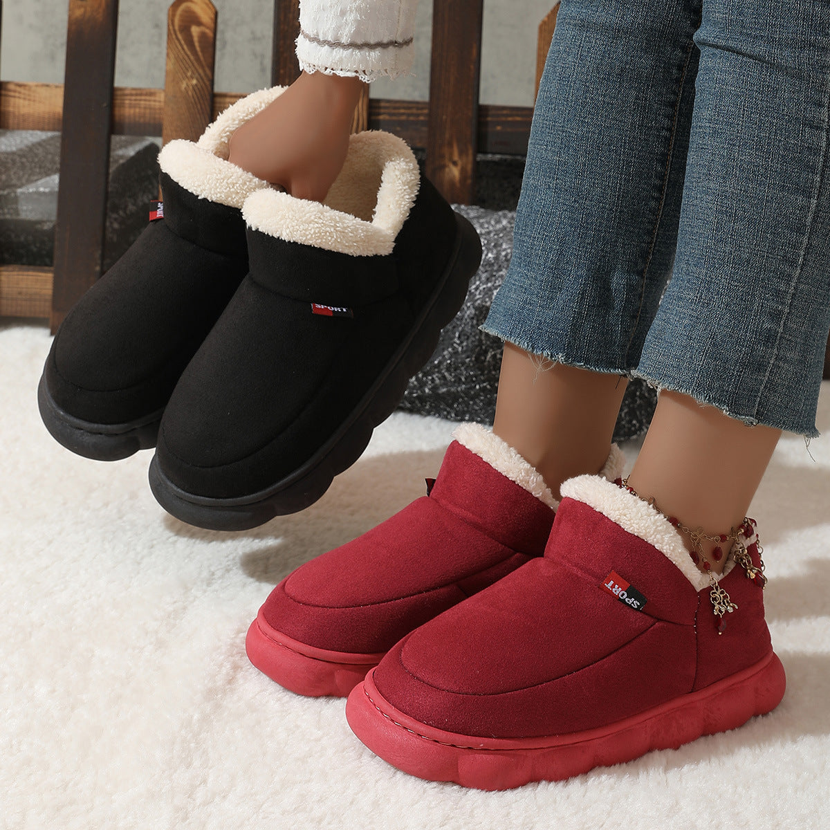 Winter Plush Cotton Shoes Unisex Warm Suede House Shoes For Parents Solid Color Thick-soled Garden Shoes Outdoor