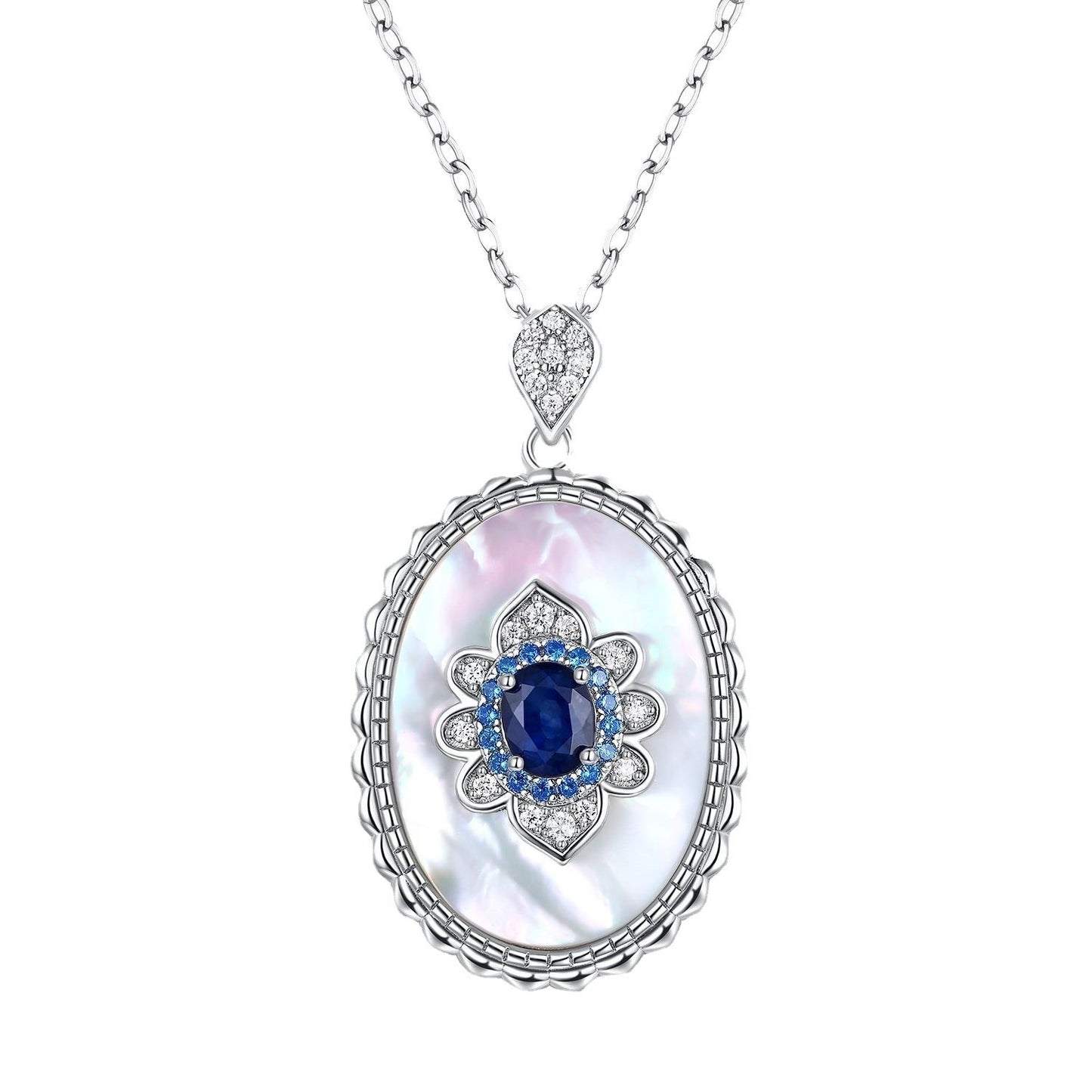 Sapphire Diamond Pendant 925 Sterling Silver  Chain Necklace For Women