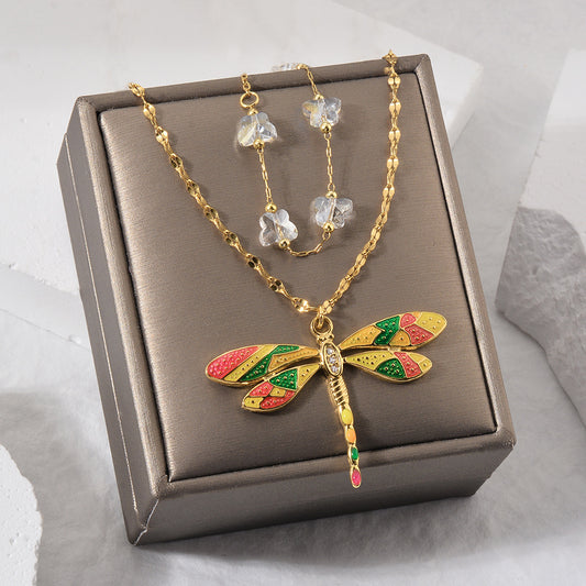 Colorful Dragonfly Pendant Gold Beaded Titanium Steel Women's Double-layer Necklace