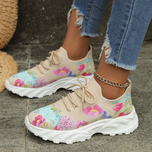 Women's Sports Shoes Flowers Print Walking Sneakers Casual Breathable Lace-up Mesh Shoes