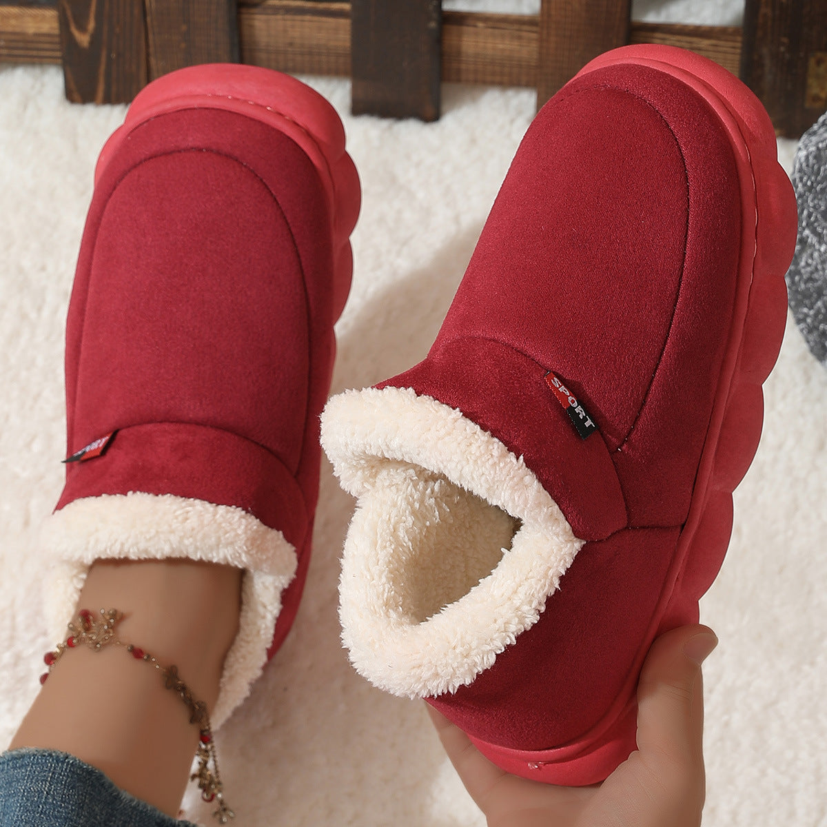 Winter Plush Cotton Shoes Unisex Warm Suede House Shoes For Parents Solid Color Thick-soled Garden Shoes Outdoor