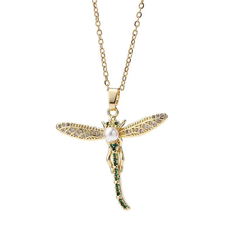 Pearl Zircon Dragonfly Necklace | Colorful Fashion Pendant