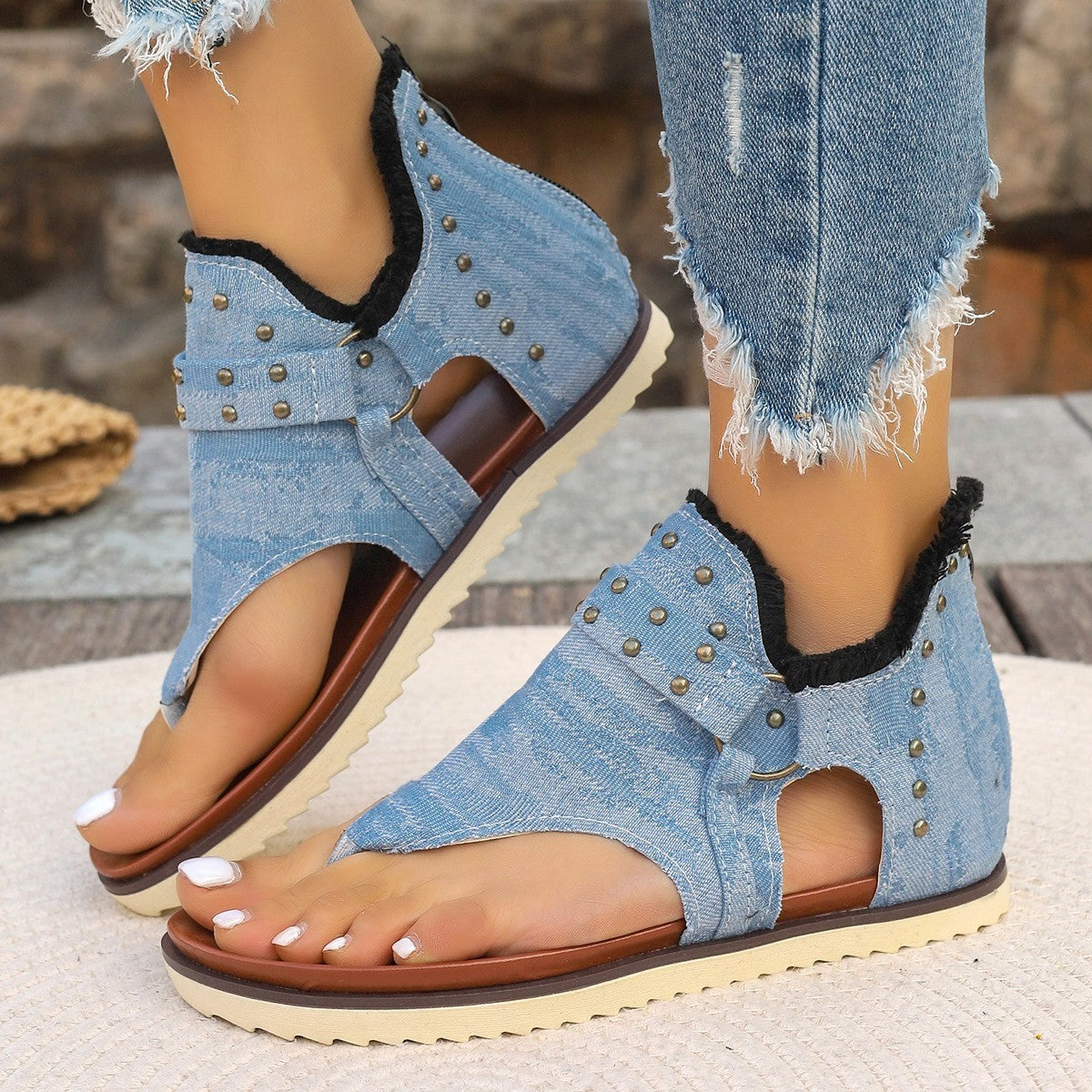 Denim Thong Sandals With Rear Zipper Summer Retro Beach Flat Shoes For Women