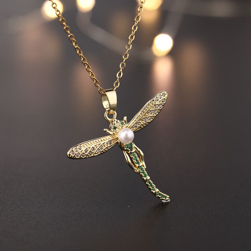 Pearl Zircon Dragonfly Necklace | Colorful Fashion Pendant